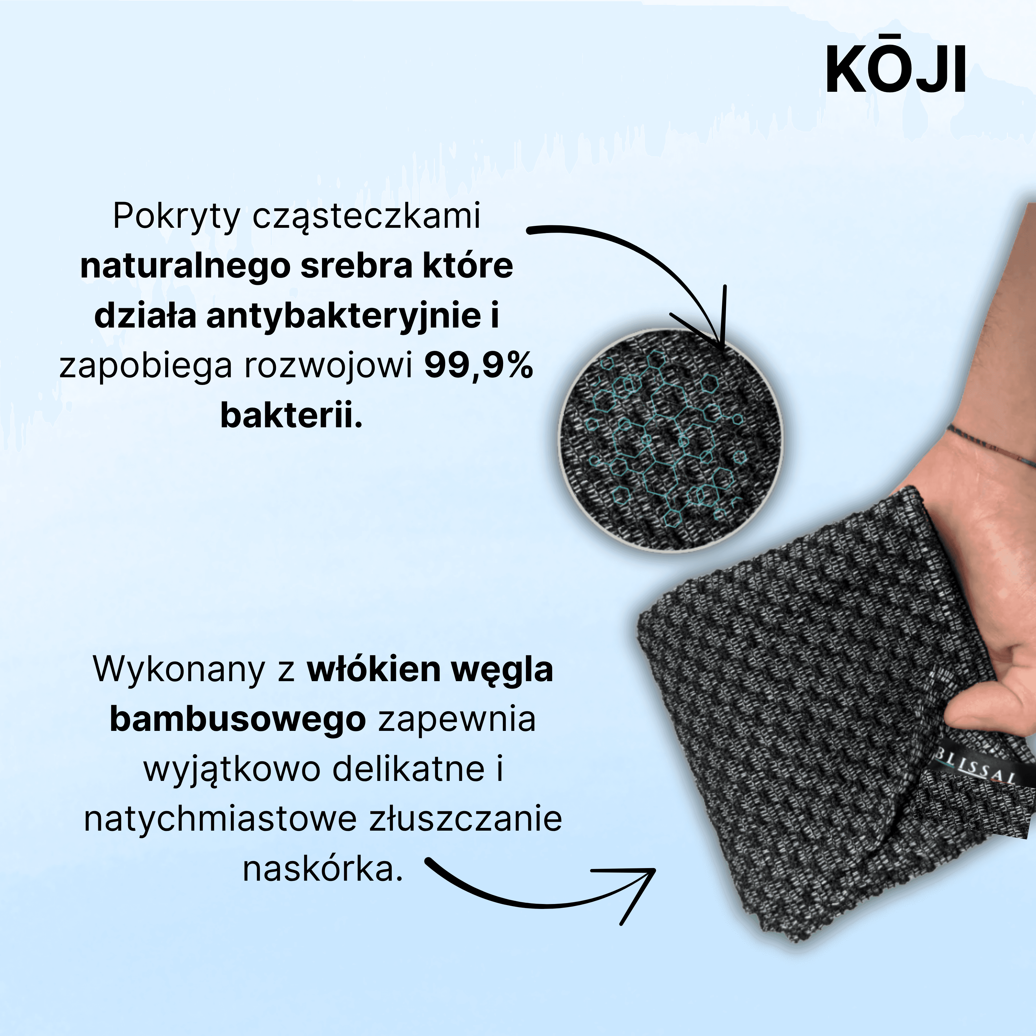 KŌJI - antybakteryjny, złuszczający ręcznik do skóry całego ciała z jonami srebra.