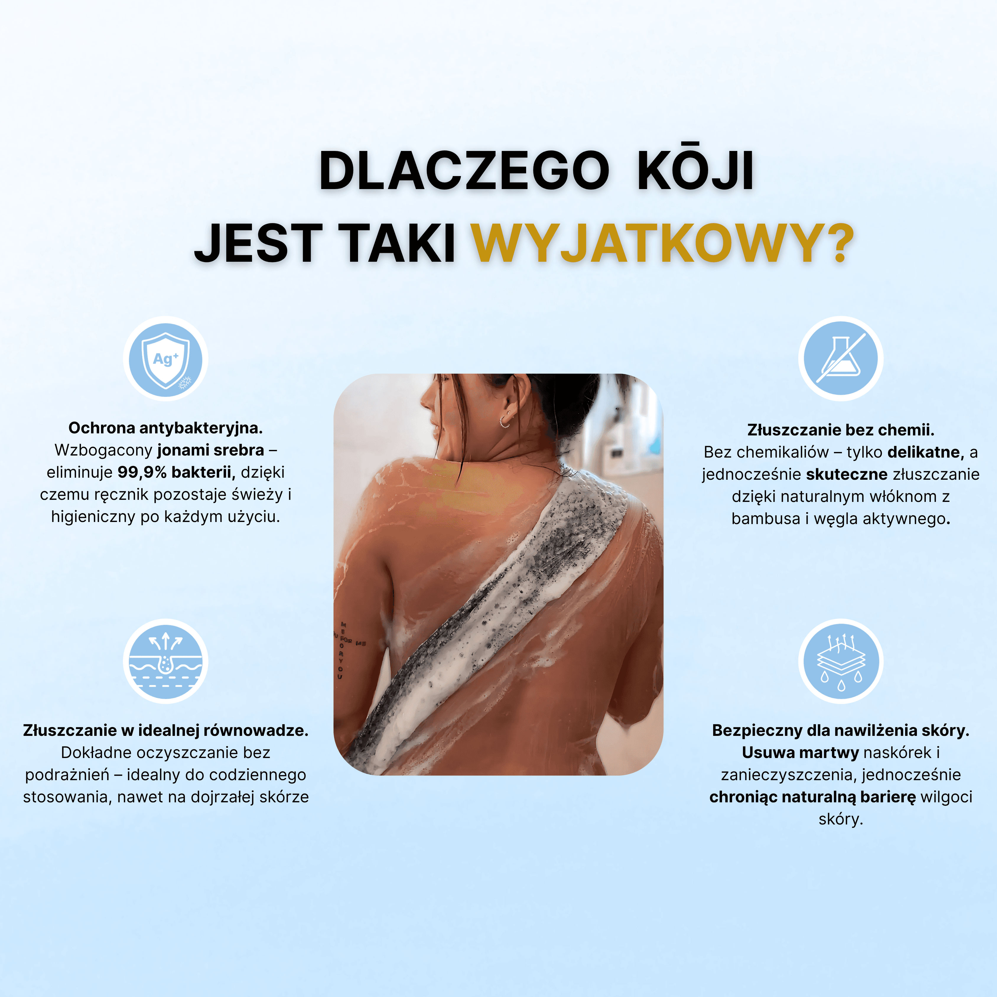 KŌJI - antybakteryjny, złuszczający ręcznik do skóry całego ciała z jonami srebra.